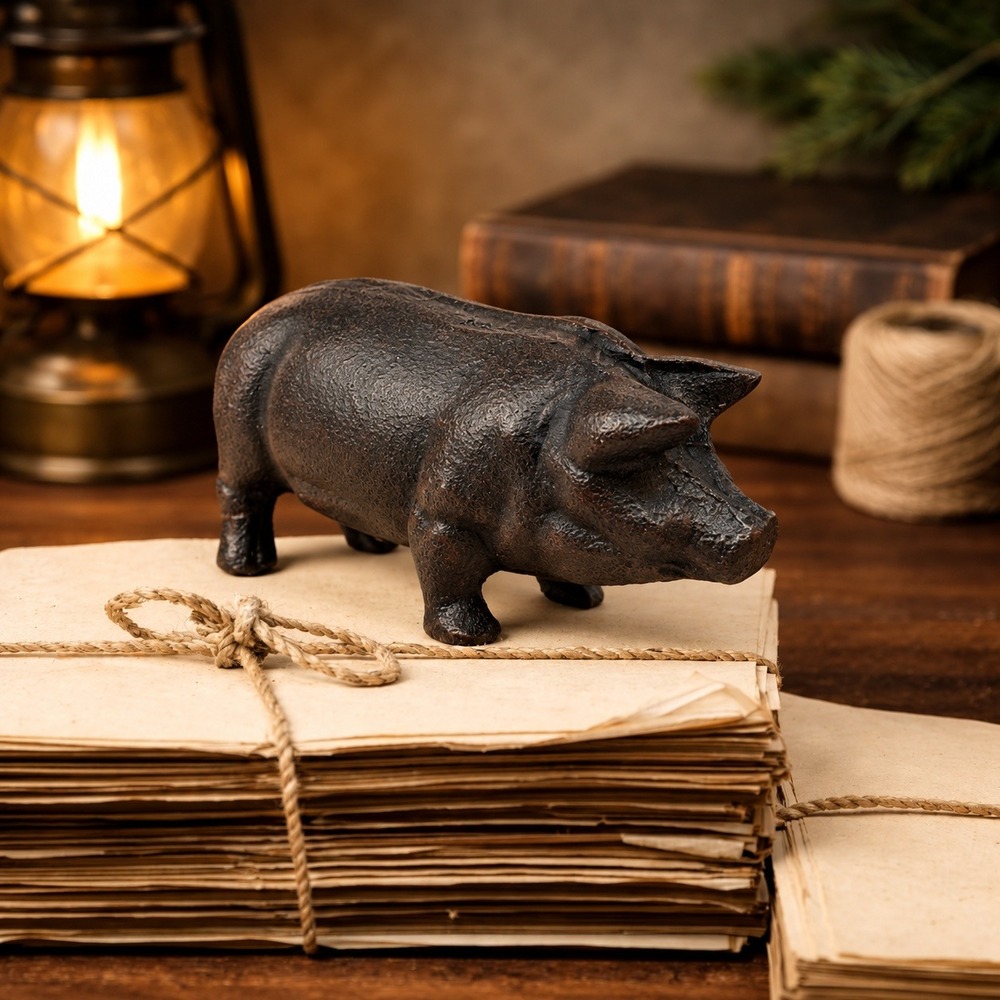Cast Iron Pig Figurine Rustic Farmhouse Shelf Decor Vintage Style Farm Animal